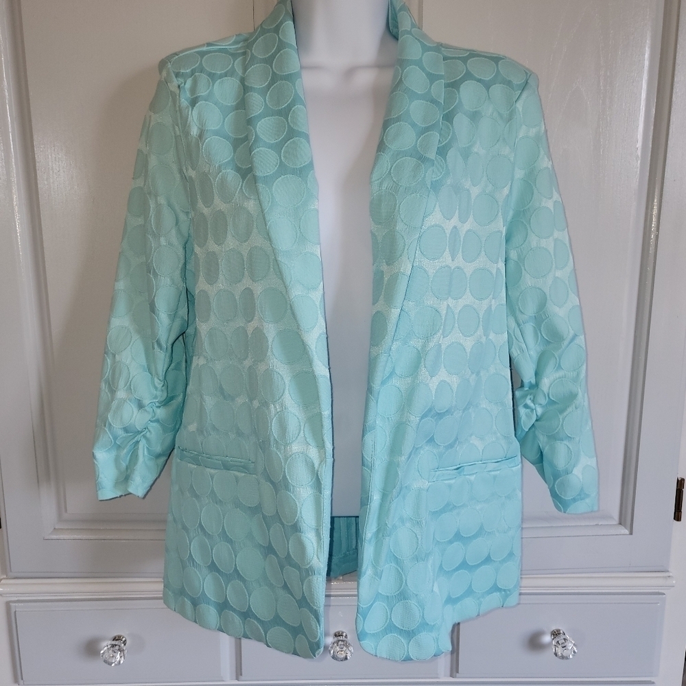 Christopher And Banks Light Blue Satin Circle Print Open Blazer Jacket Size M